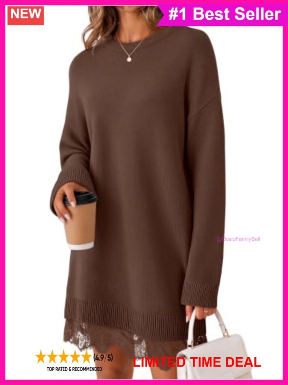 Long Sleeve Lace Hem Knit Sweater Dress Crewneck Mini